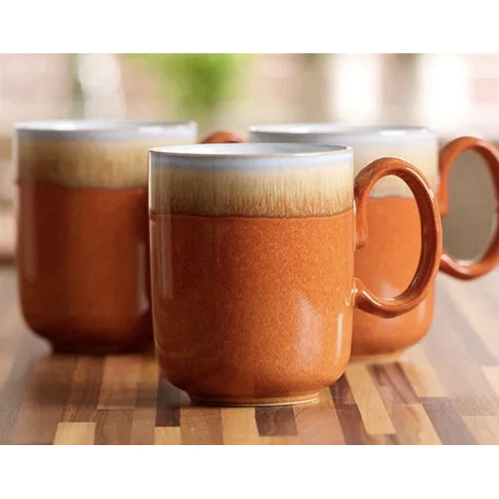 3 DENBY Fire Paprika Double Dip  4" Coffee Mugs Tea Cups England Stoneware